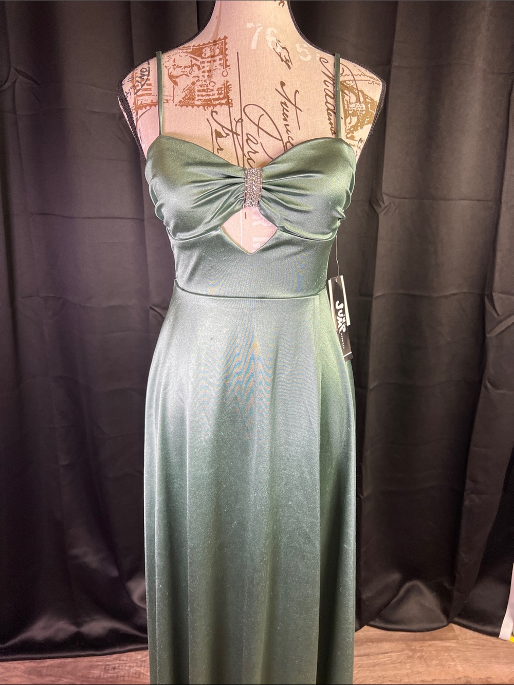 Jump Emerald Green Satin Maxi Dress with Rhinestone Accent